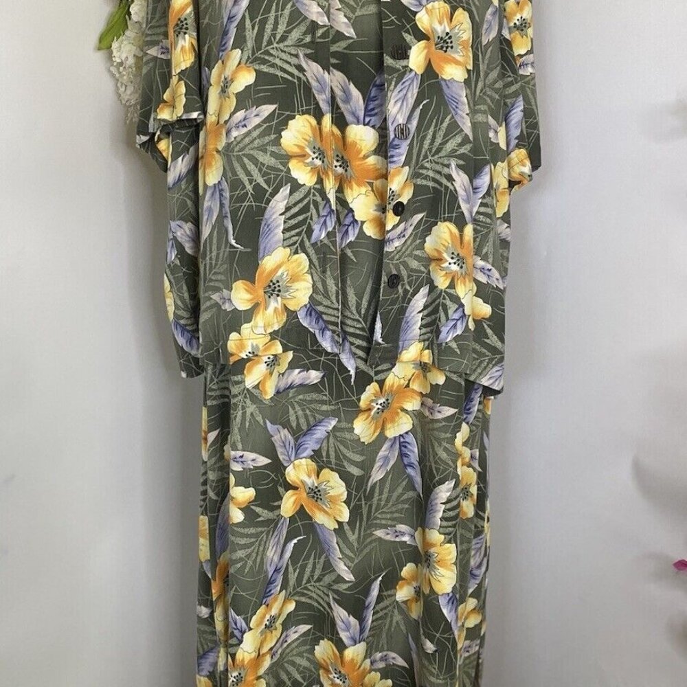Vintage Erika Dress Shirt Set Women‎ Size 1X Green Yellow Floral Tropical Hawai